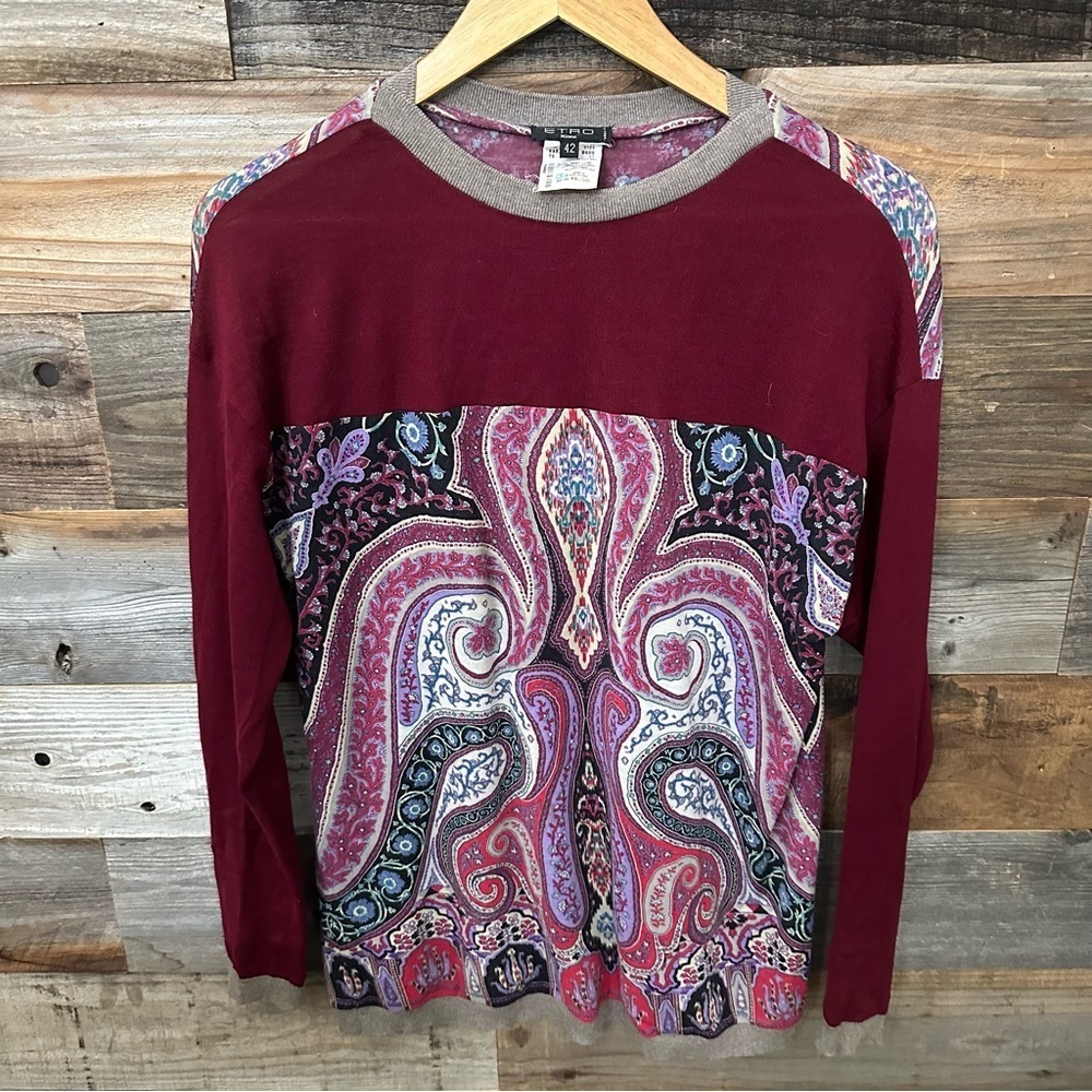 Etro Burgandy Paisley Designer Long Sleeve Wool Blend Top‎ IT 42 US 2-4 Luxury